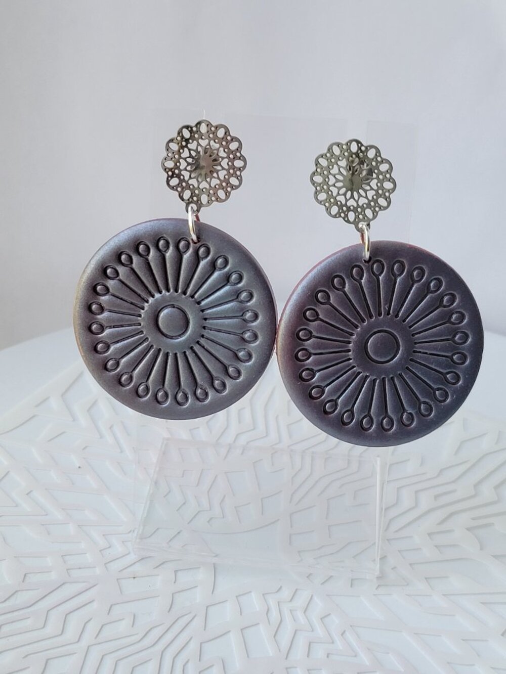 Handmade Silver Mandala Polymer Clay Statement Earrings